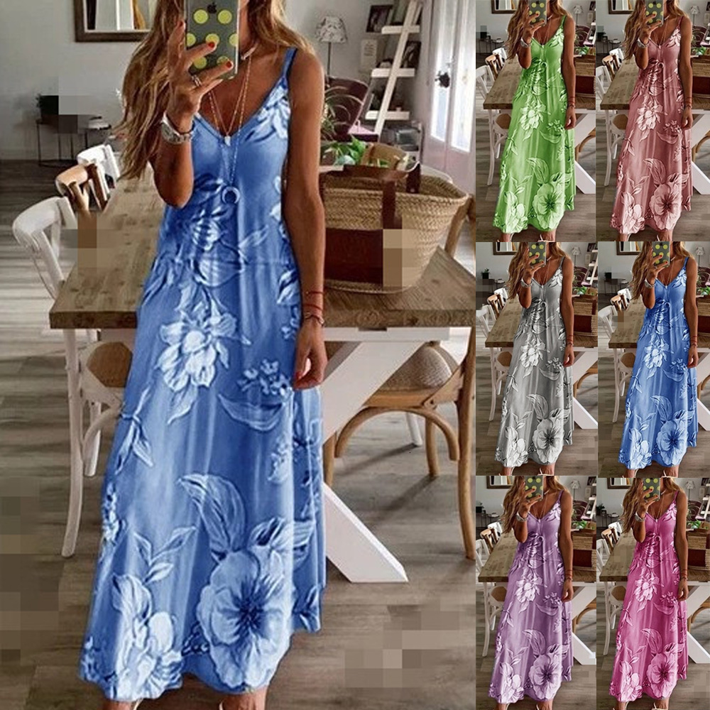 Spring Summer New Women's Slim Fit Long Floral Strap Dress