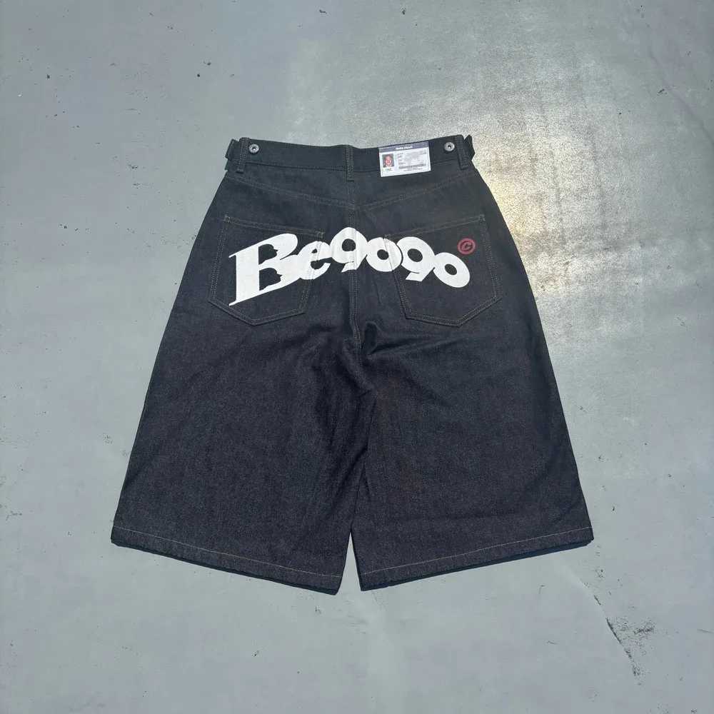 Summer 2025 Gothic letter printed washed black straight leg shorts y2k retro casual high waist wide leg knee high denim shortsXJ251025