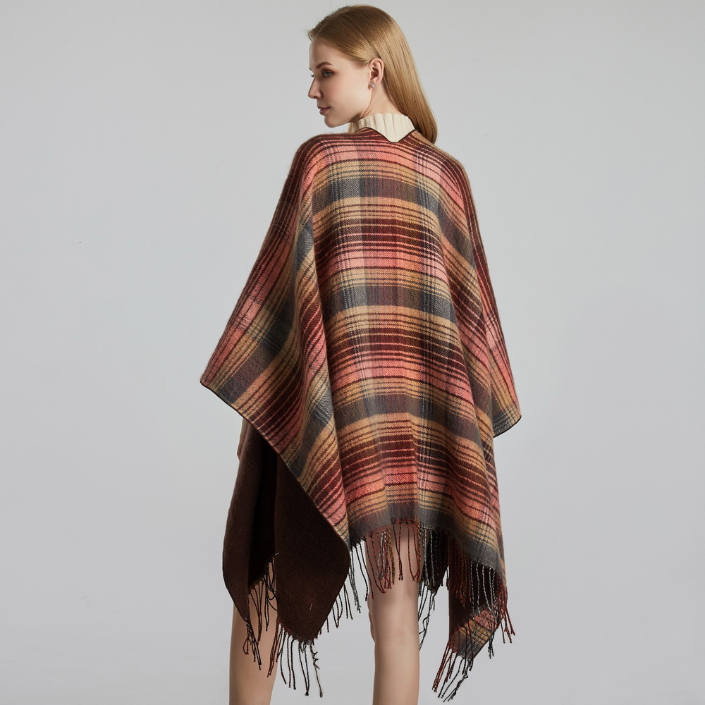Scottish Classic Colorful Plaid Shawl Cape Imitation Cashmere Tassel Thickened Warm Split Shawl