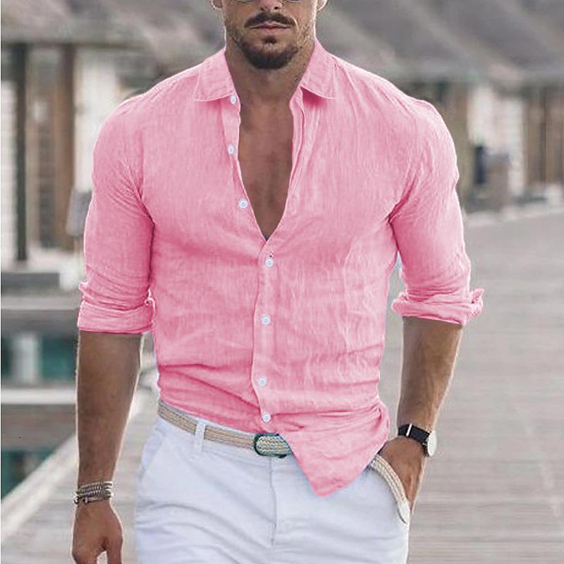 2025 New Men's Summer Cotton Linen Lapel Beach Shirt Long Sleeve Solid Color Hawaiian Holiday Clothing