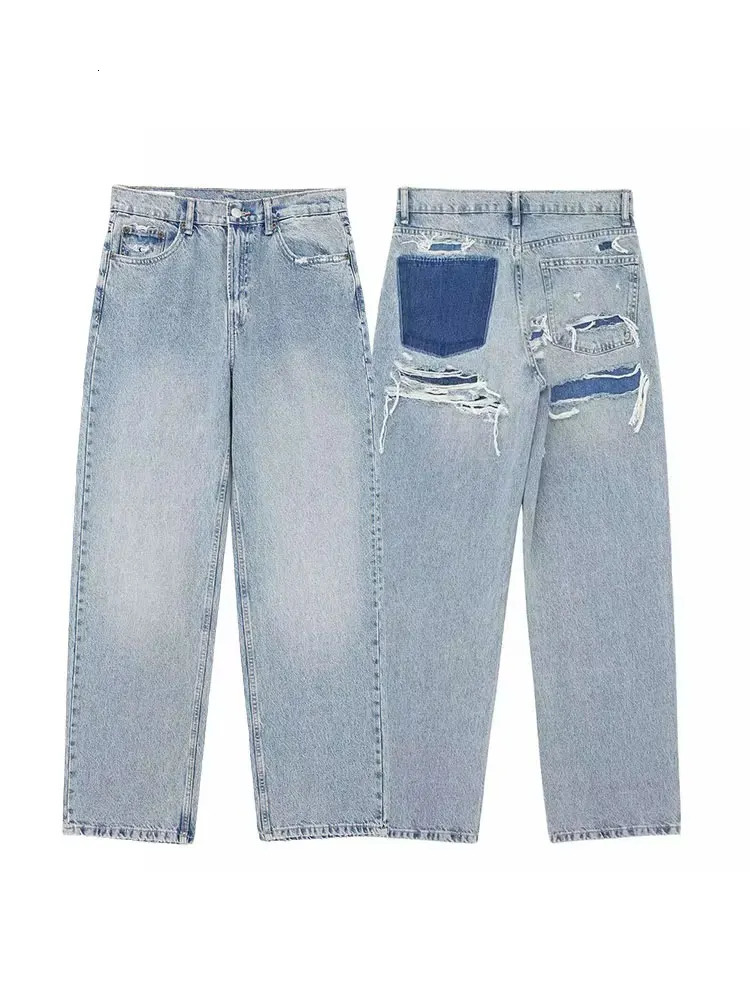 HH Womens Street Fashion Denim Blue Jeans Distressed Patchwork High Waist Zipper Fly Ripped Retro Long Pants 251023