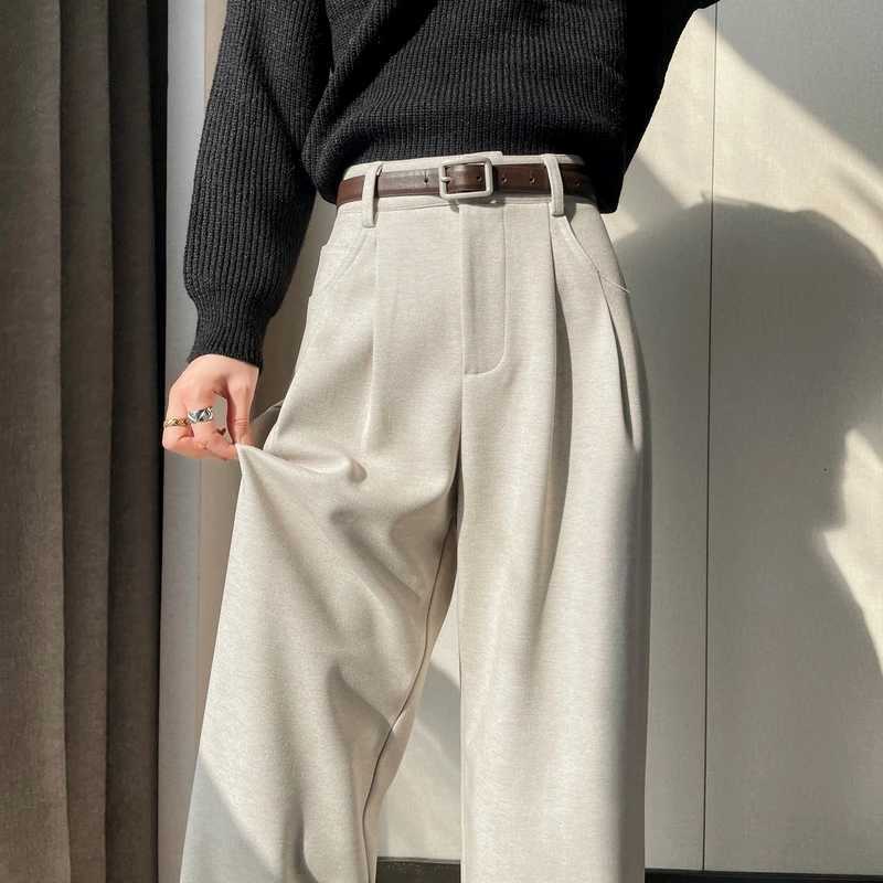 MEXZT Woolen Wide Leg Pants Women Streetwear Belt Fleece Baggy Black Suit Pants Winter Korean Fashion Casual Straight TrousersT251025