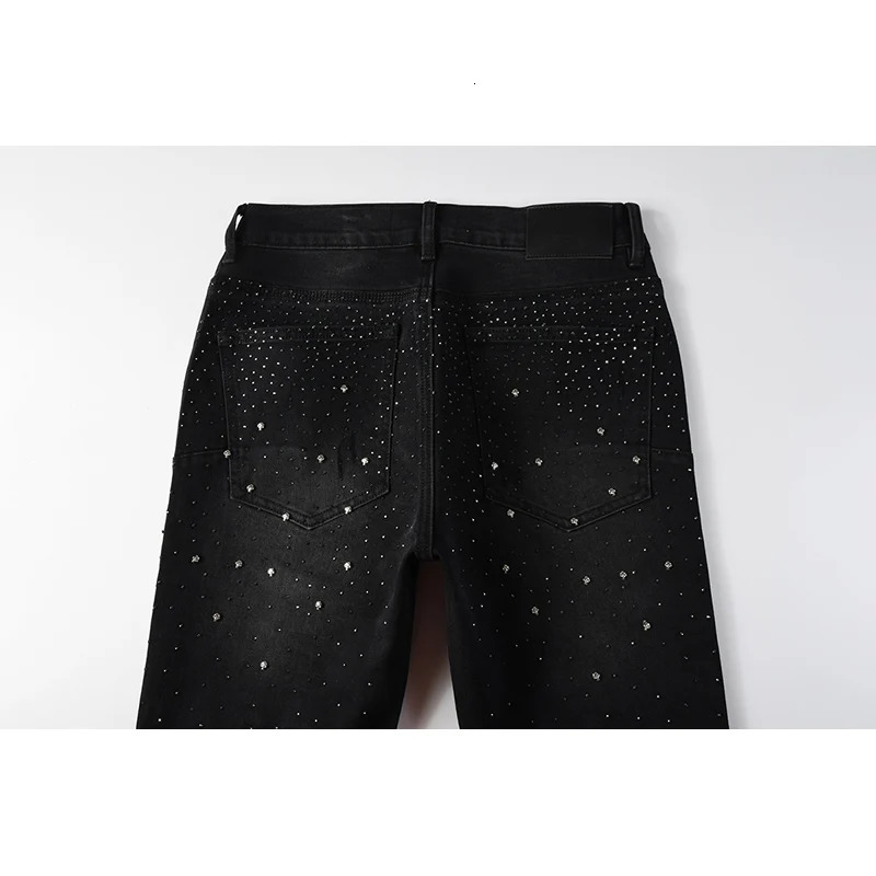 Black Mens American High Street Distressed Rhinestones Patterns Skinny Ripped Button Fly Jeans Pants 251023