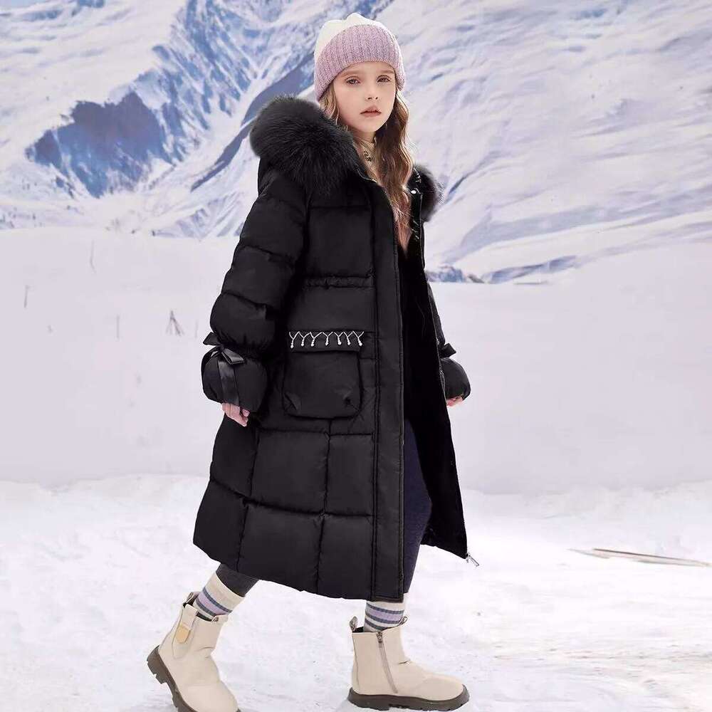 Winter Warm Girls Fashion Long Plain Fur Hooded Zip Puffer Jackets School Kid Thick Snow Coat Children Outfit Windbreaker 5-16Yr