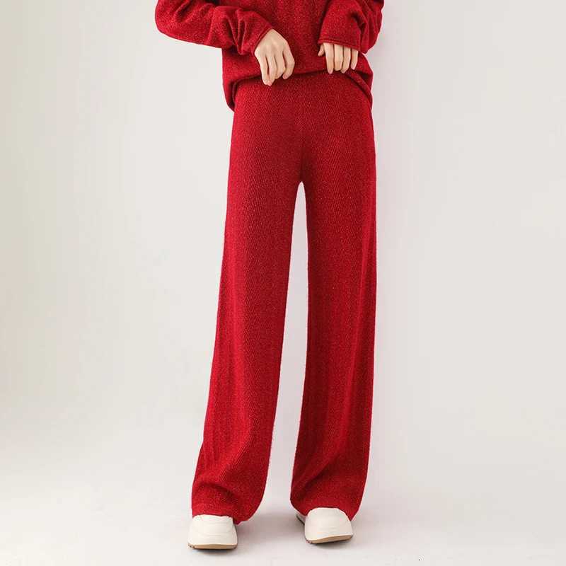 Women Wool Wide Leg Pants Elastic Waist Threaded Pattern Trousers Autumn Winter 100 Merino Wool Trousers Knit Soft Warm PantsT251025