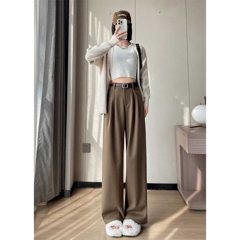 MEXZT Woolen Wide Leg Pants Women Streetwear Belt Fleece Baggy Black Suit Pants Winter Korean Fashion Casual Straight TrousersT251025