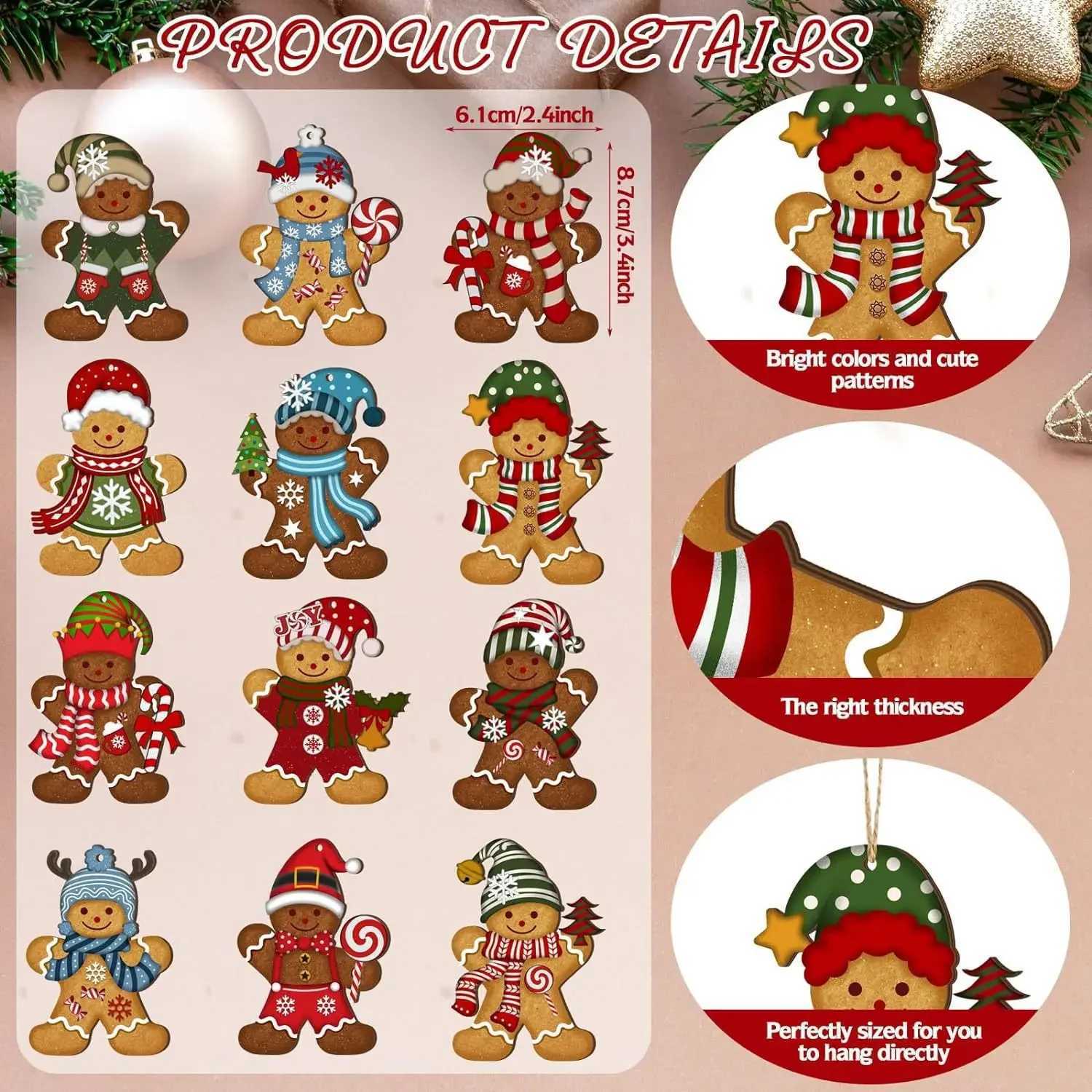 12pcsset Gingerbread Man Ornaments Christmas Tree Wooden Hanging Decorations Pendants Cute Cartoon Xmas DIY Hangings Home Decor C251024
