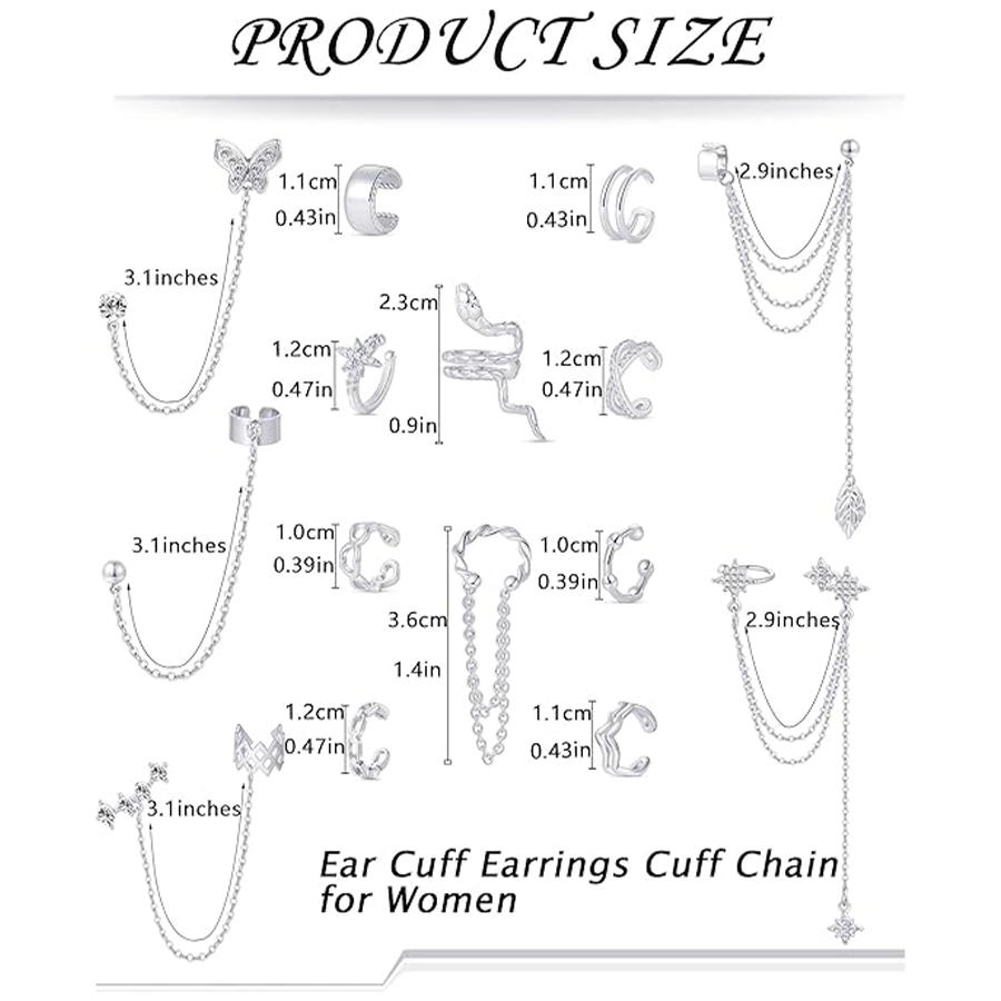 Ear Cuff Earrings for Women Stainless Steel Cuff Chain Drop Dangling Earrings Helix Cartilage Cuff Earring Non Pierced Adjustable Silver Tone