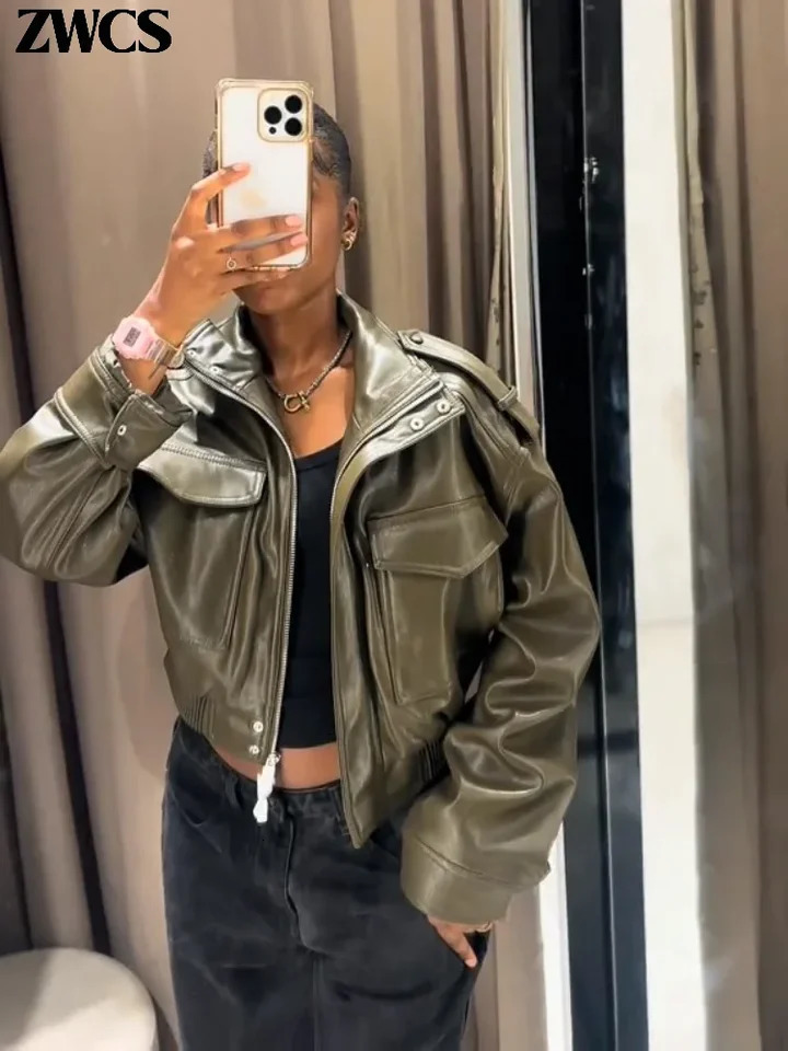 Vintage Zippers Short Leather Jackets Womens Casual Lapel Button Pockets Full Sleeve Coat Autumn Lady Chic Streetwear 251020