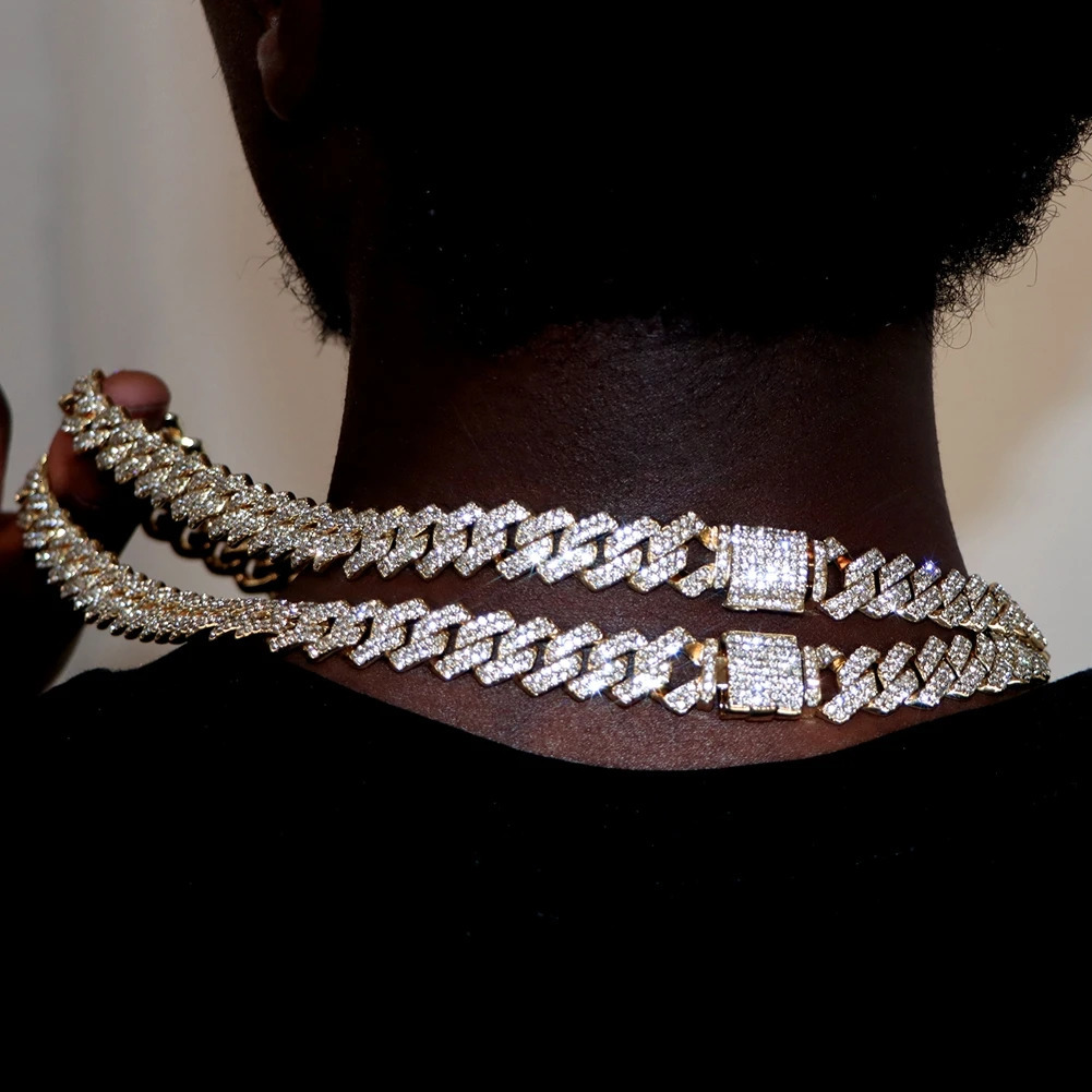 Hip Hop 14MM Prong Cuban Link Chain Necklace Bracelet Iced Out Bling Cuban Chain Rhinestone Chains For Men Punk Rapper Jewelry 251013