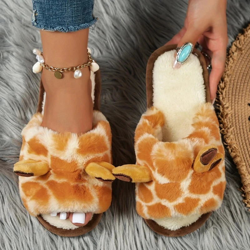 Winter Women Cute Home Plush Slippers Cartoon Giraffes Warm Faux Fur Lining Fluffy Cozy Flat Non Slip Sole Ladies Shoes251020