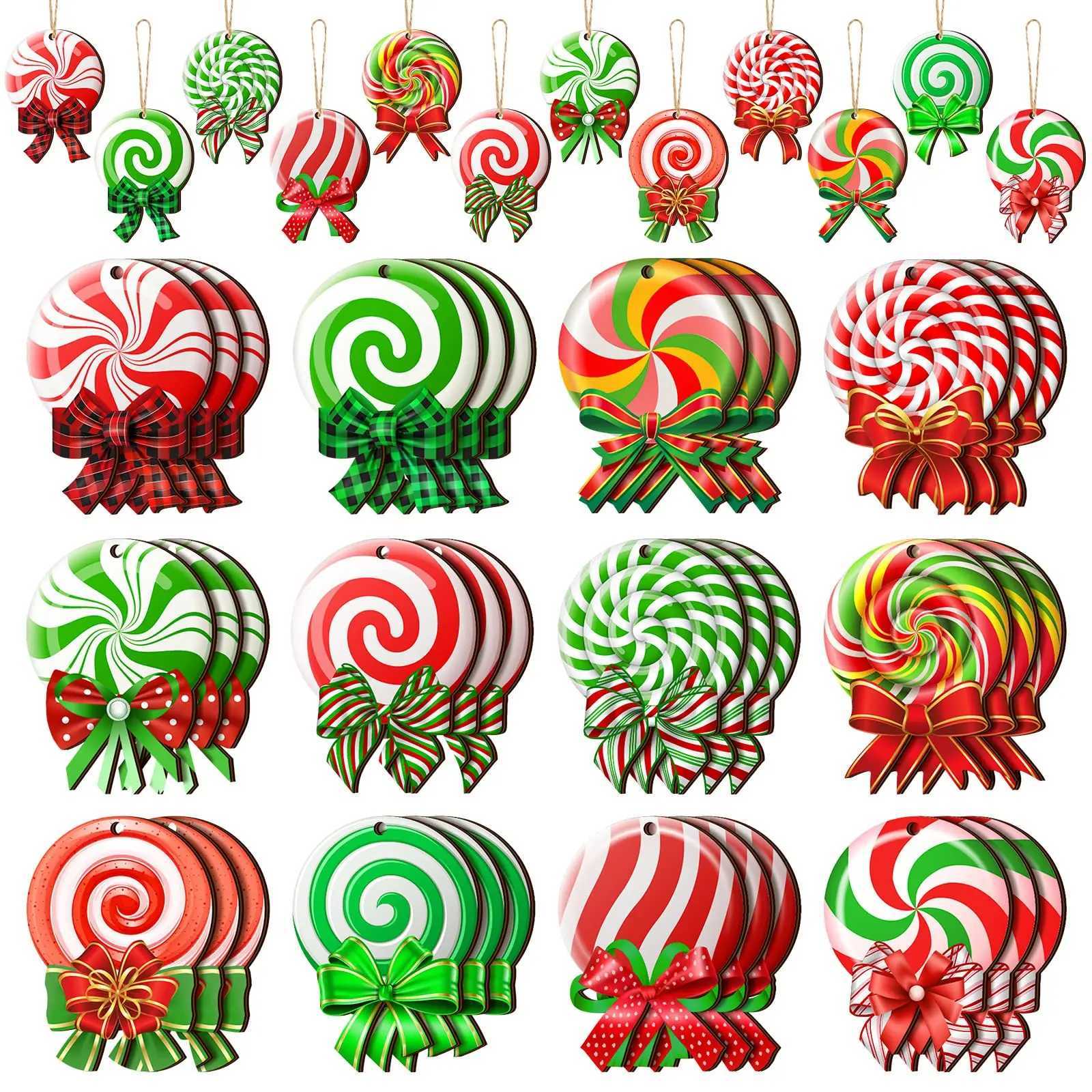 24 Pieces Peppermint Christmas Tree Ornaments Colorful Peppermint Wood Ornaments Lollipop Candy Christmas Ornaments C251024