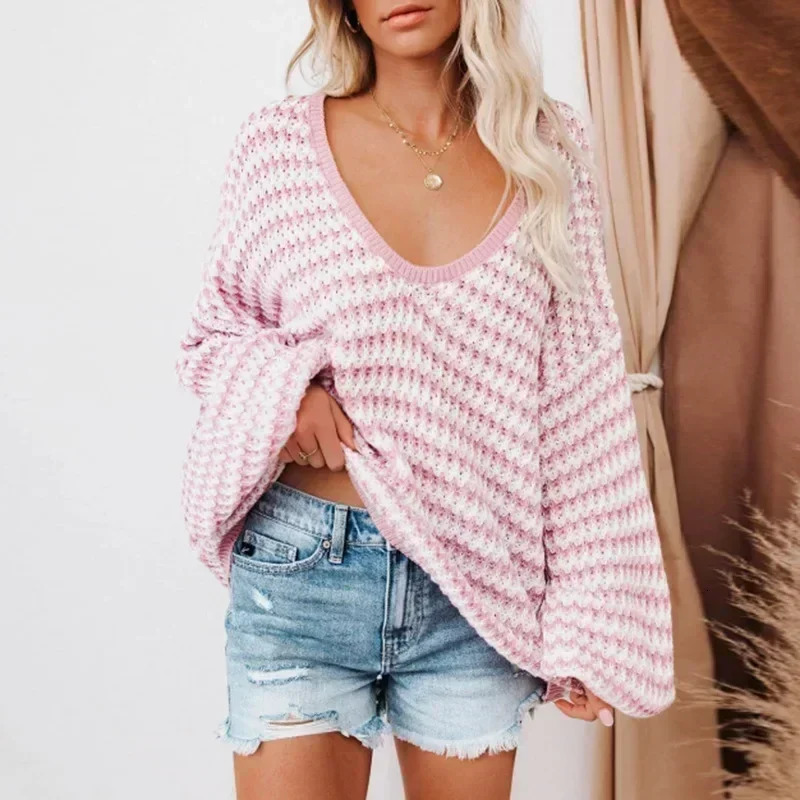 Women Pullover Sweater Casual Knitted Korean Fashion Loose V Neck Jumpers Female Striped Print Winter Tops Autumn 2025 Knitwear 251023