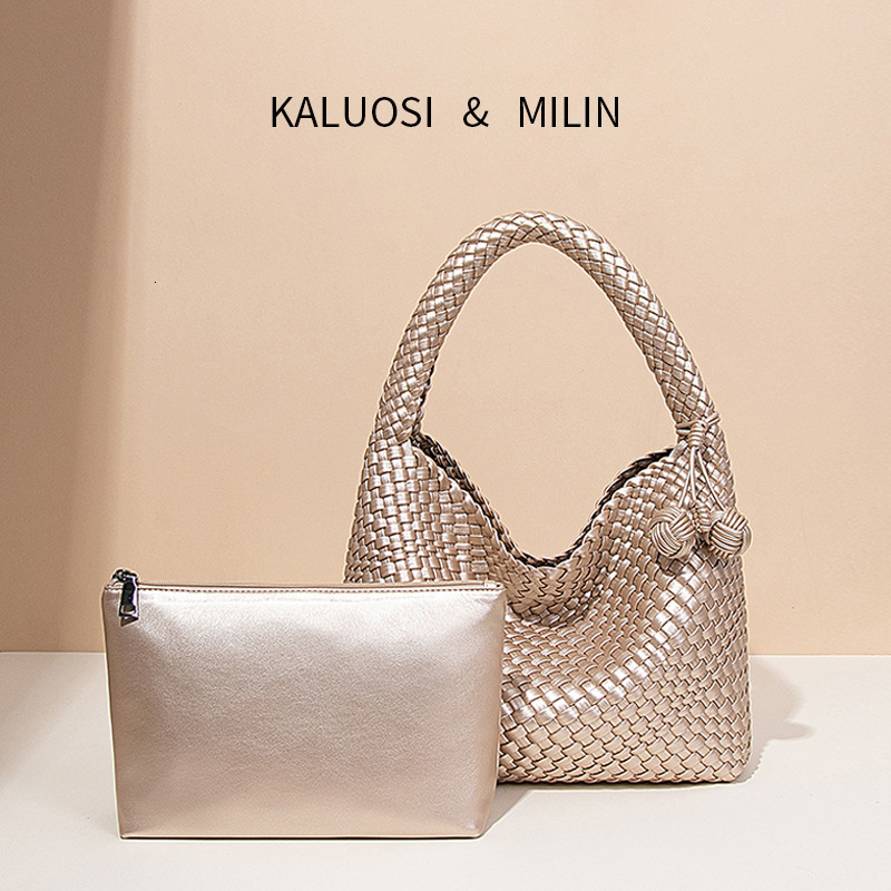 Live Trend Champagne Gold Woven Large Capacity Shoulder Tote High-end Handbag Underarm Bucket Bag