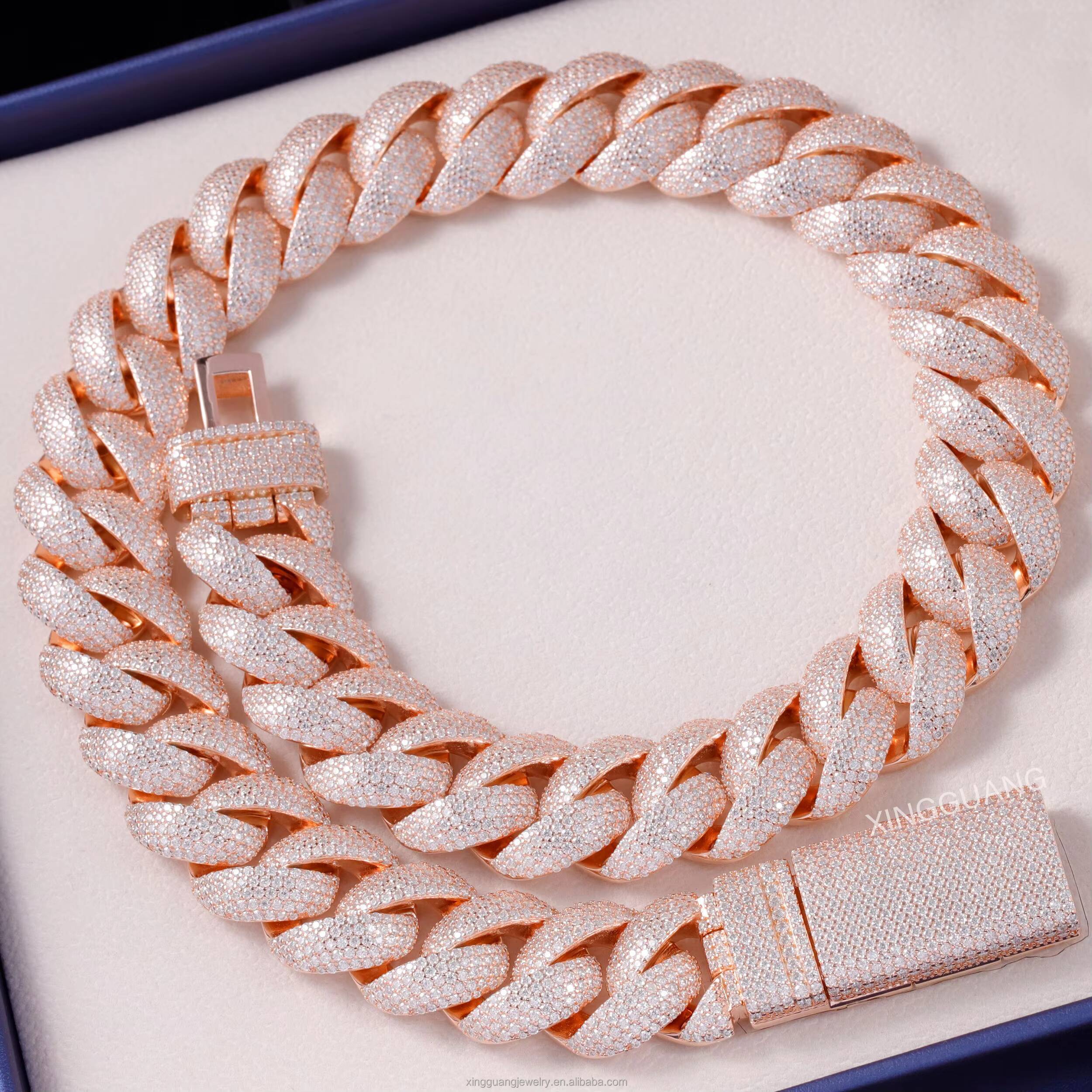 Ready to Ship Gold Plated 22mm Full Iced Out VVS Moissanite Diamond S925 Sterling Silver Cuban Link Chain with GRA Certificate