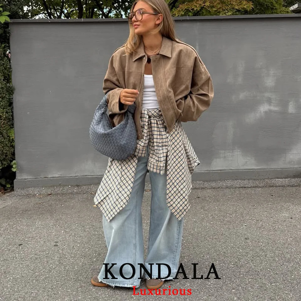 KONDALA Casual Chic Khaki Suede Bomber Jackets Women Long Sleeve Zipper Oversized Coats Fashion Fall Winter Outwears 251020