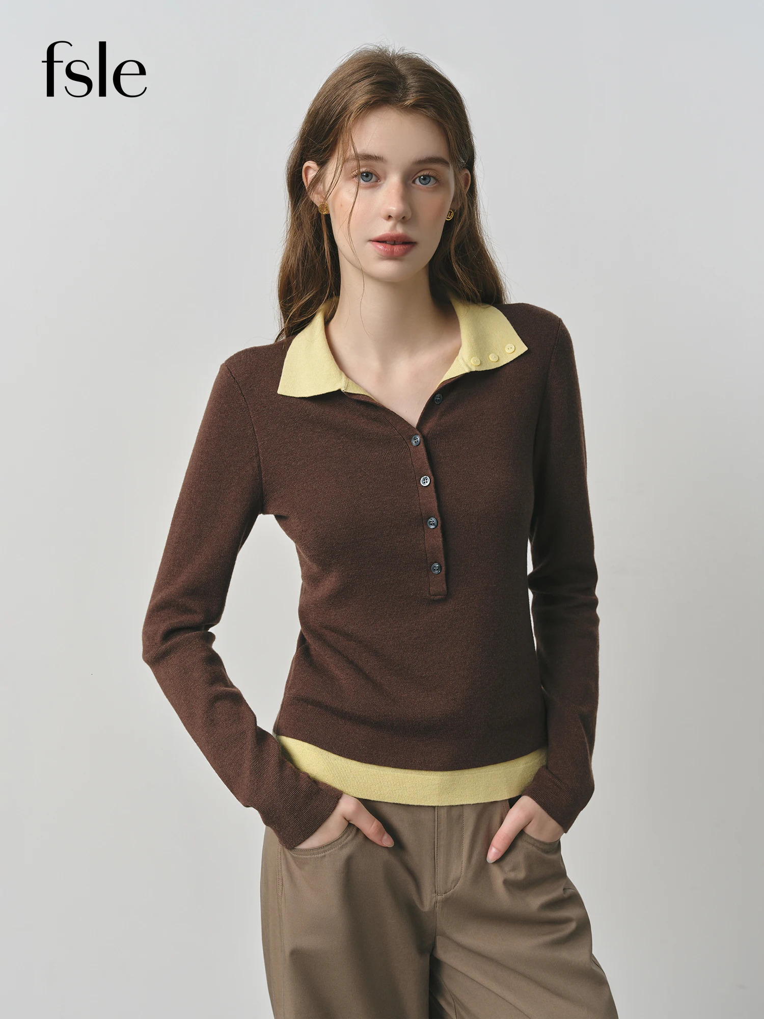 FSLE 2025 Autumn Womens Knitted Sweater Color Block Barenia Style TwoPieces Turn Collar Vintage Cozy Cable Knit Top 251023