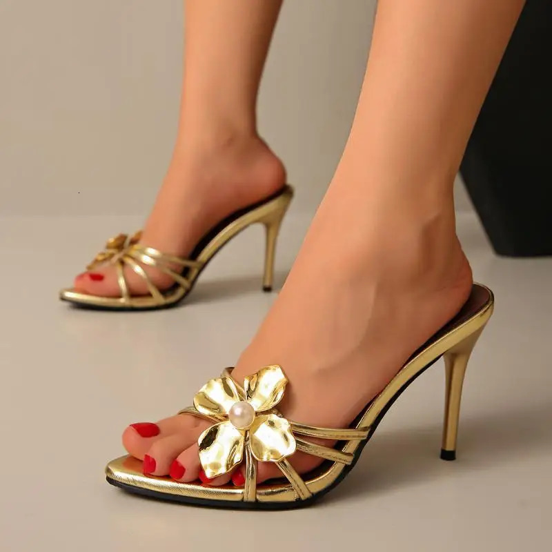Fashion Metal Flower Decoration Narrow Band Slides Women Summer Pointed Toe Super High Heel Sandals Gold Party Dress Sandals 251023