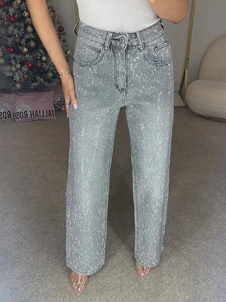 Y2k Women Shiny Rhinestone Denim Pants Wide Leg Straight Full Diamond Jeans for Female Dragging High Street Outwear Trousers 251023