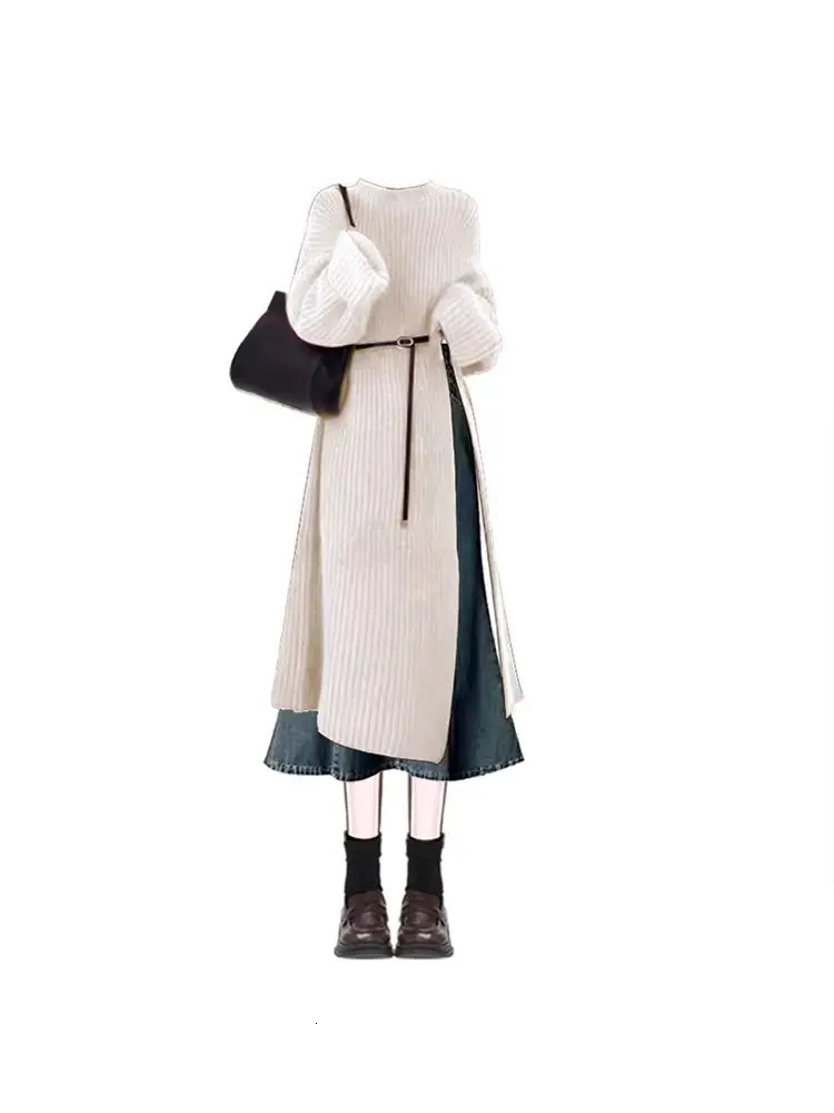 Hebe Sle Autumn Winter Knitted Sweater And Denim Skirt Set Womens Loose Fit Long Sve round Ne Two Piece Outfit 251020