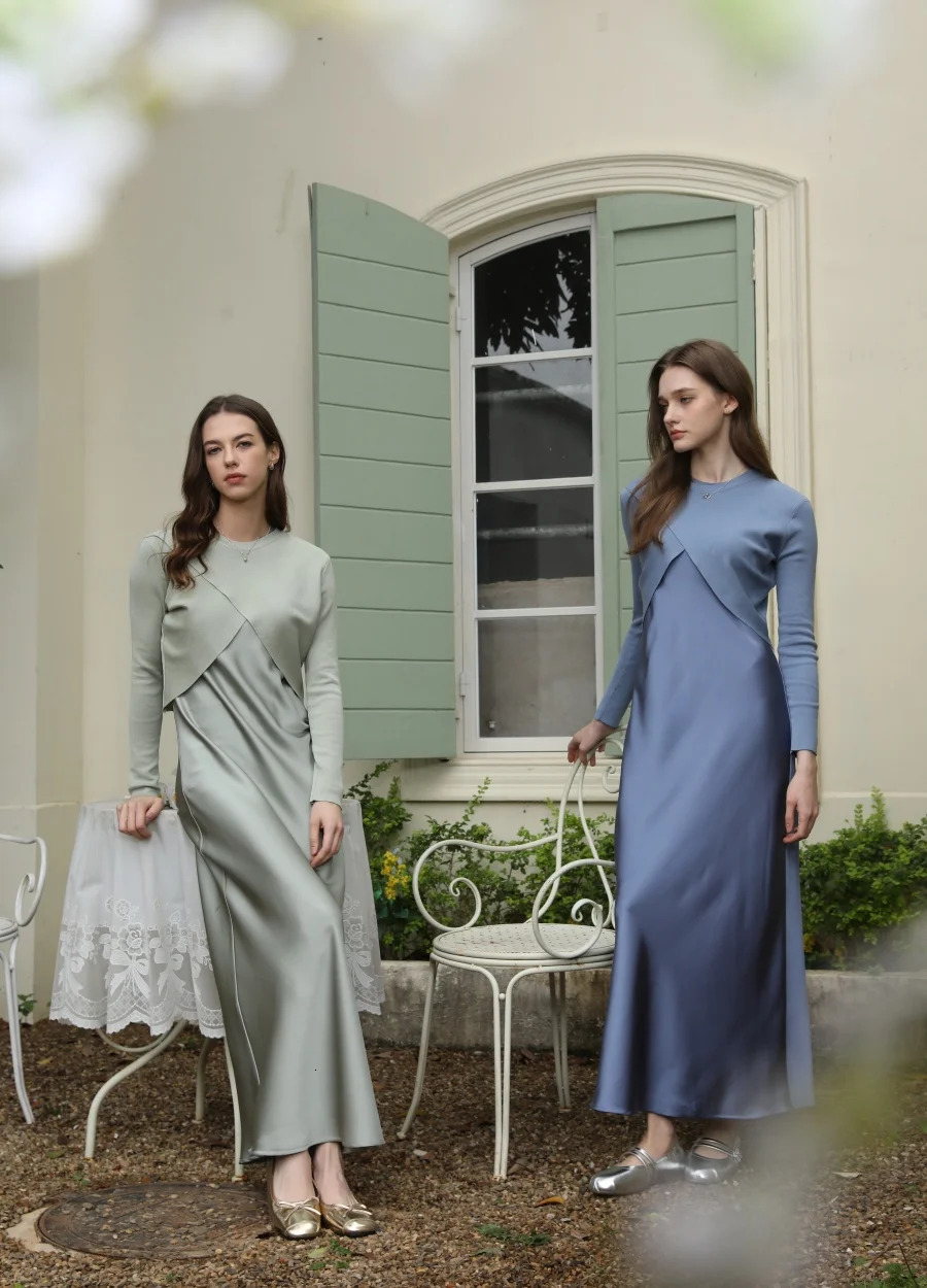 AS spring summer elegance satin dress knitted top match set maxi floor length woman clothes 251020