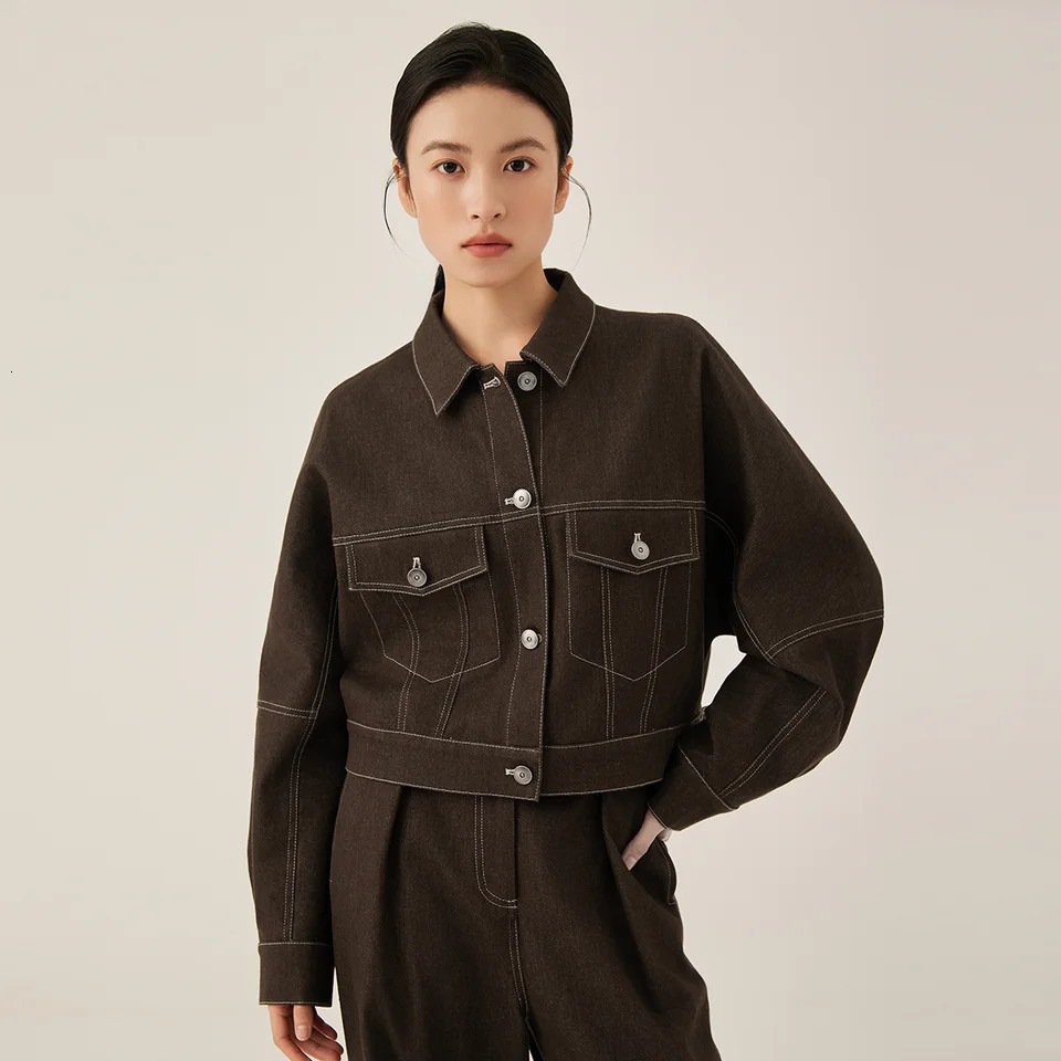 KL7523357 Womens Classic Dark Denim Jacket Long Sleeved Button Front Closure Chest Pockets Fall Fashion 251020