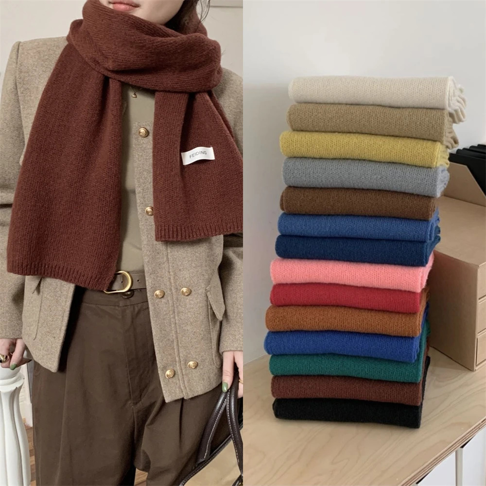 Winter Womens Scarf Korean Solid Color Knitted Woolen Scarves Outdoor Thickened Neckerchief Hijab Christmas Gift Accessories 251024
