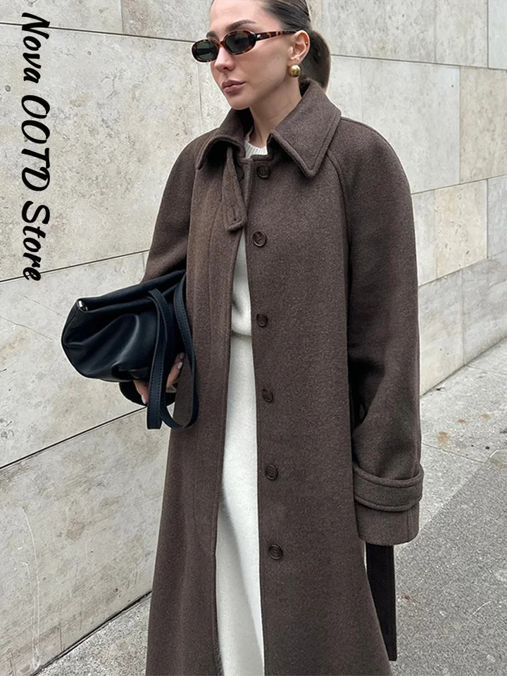Chic Lace Up Long Woolen Coat Women Stand Collar Single Breasted Full Sleeve Thick Overcoats Autumn Winter Lady Outwear 251020