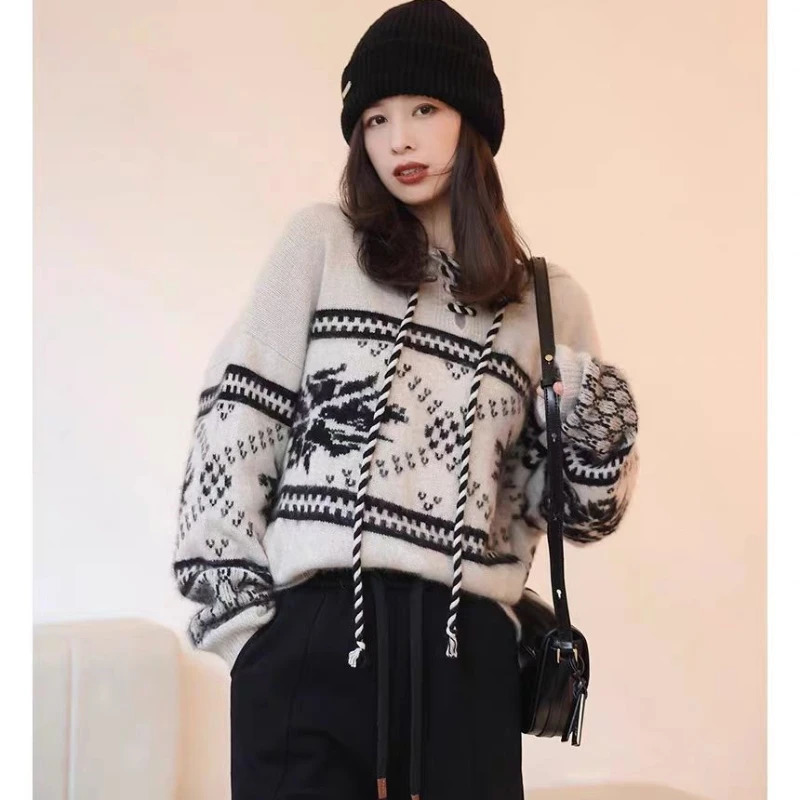 100 pure wool cashmere sweater womens autumn and winter hooded collar pullover fashionable loose knit plus size top 251023