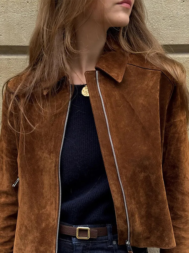 Vintage Womens Zipper Suede Short Jacket Long Sleeve Lapel Pockets Brown Slim Coat Autumn Lady Allmatch Outwears 251020