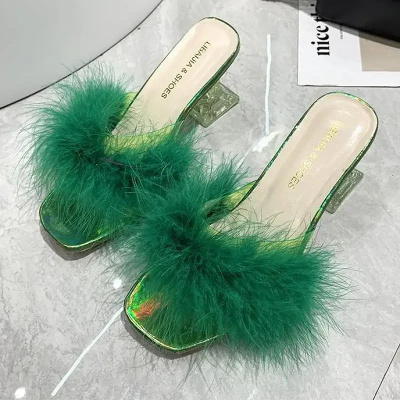 Summer Fluffy Peep Toe Sexy High Heels Women Shoes Fur Feather Lady Fashion Slip On Ytmtloy Indoor House Slippers 251023
