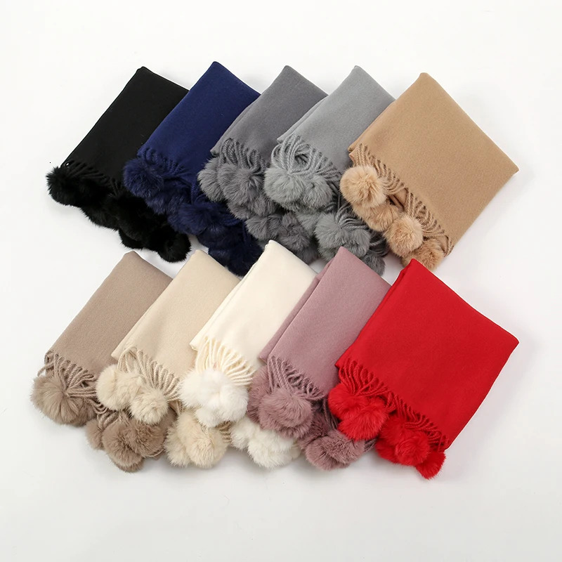 Women Warm Scarf With Rabbit Fur Ball Pashmina Thick Scarves Shawls Winter Cashmere Pompom Scarf Ladies Oversize Blanket Wrap 251024