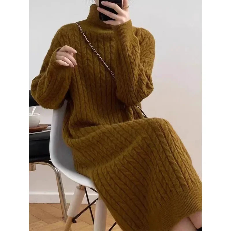 Thick Knitted Long Sleeve Dress Womens Loose Winter Style High Collar Long Dress Pure Color Tassel Sweater Dress 251023