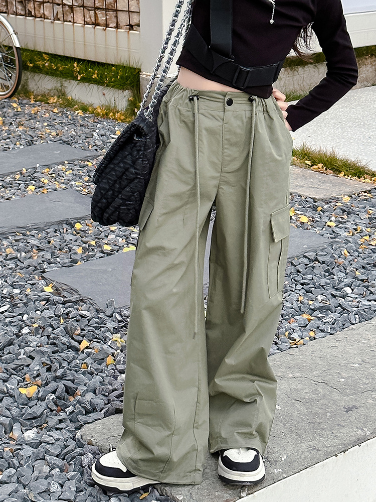 Free Shipping 2025 Spring Girls Parachute Cargo Pants, American Style High-Waisted Wide-Leg Joggers, Loose Casual Trousers for Big Kids & Teens