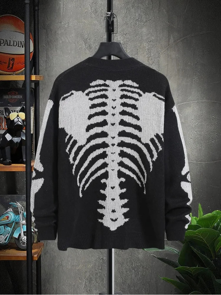 Mens Skeleton Pattern Cardigan Sweaters Gothic Long Sleeve Unisex Outwear Knitted Coats 251020