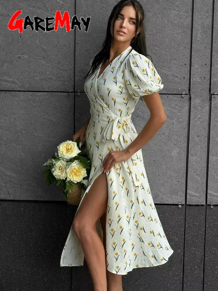 Summer Womens Light Long Dress 100 Cotton Aline Midi Dresses Muslin with Side Slits Flowers Elegant Beige Dress for Women 251020