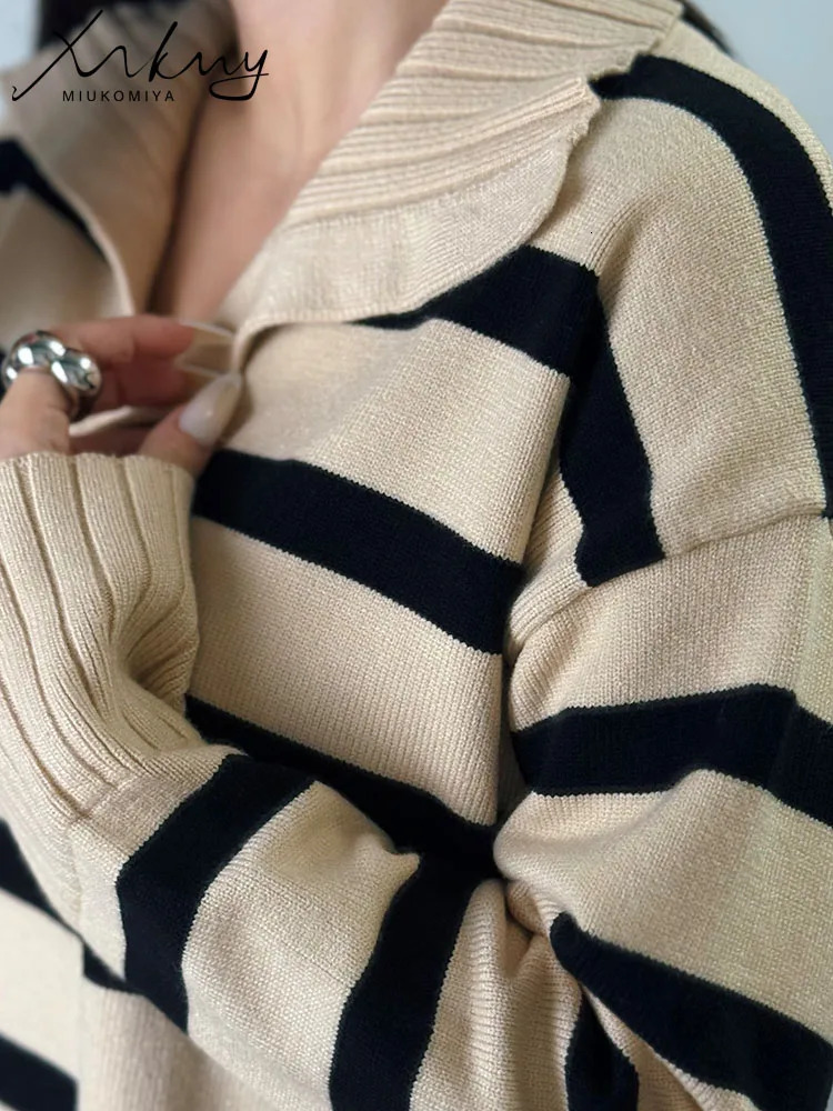 MiuKoMiYa Autumn Striped Sweater Women Loose Polo Knit Pullover Warm Long Sleeves Tops Khaki Knitted Jumpers Women Oversized 251023