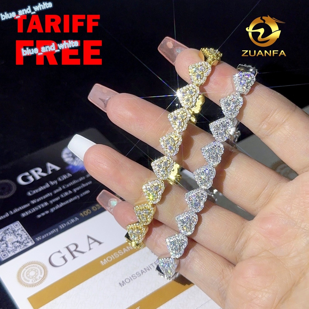 Fine Jewelry 8mm Heart Shape VVS Moissanite Cuban Link Bracelet 925 Silver Moissanite Hip Hop Jewelry Cuban Chain for Men Women