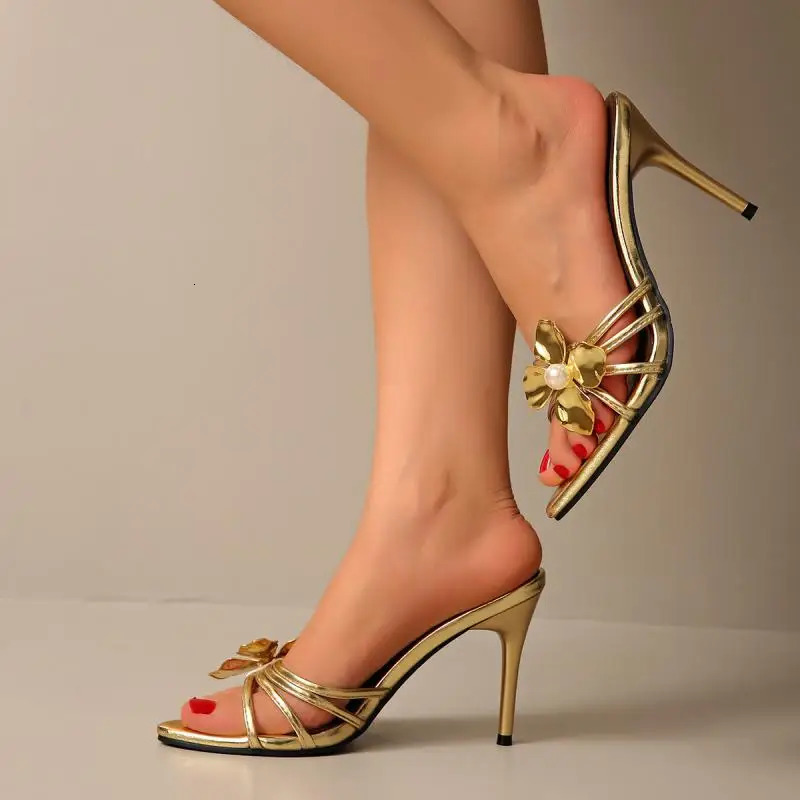 Fashion Metal Flower Decoration Narrow Band Slides Women Summer Pointed Toe Super High Heel Sandals Gold Party Dress Sandals 251023