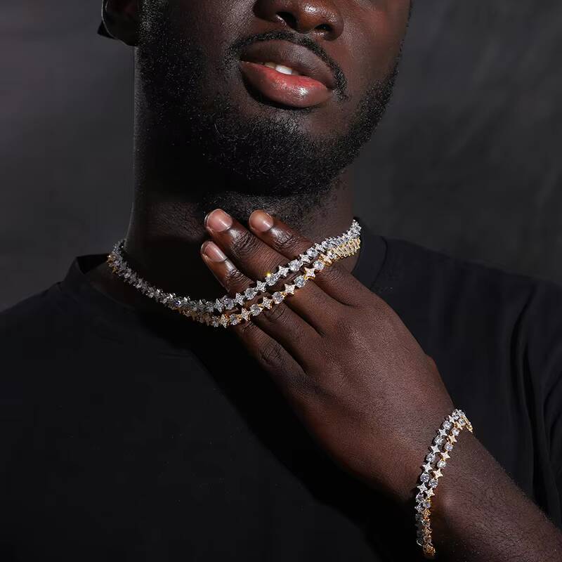 Bling Iced Out Mens Jewelry 925 Sterling Silver Star Round Moissanite Luxury Tennis Chain Necklace for Party