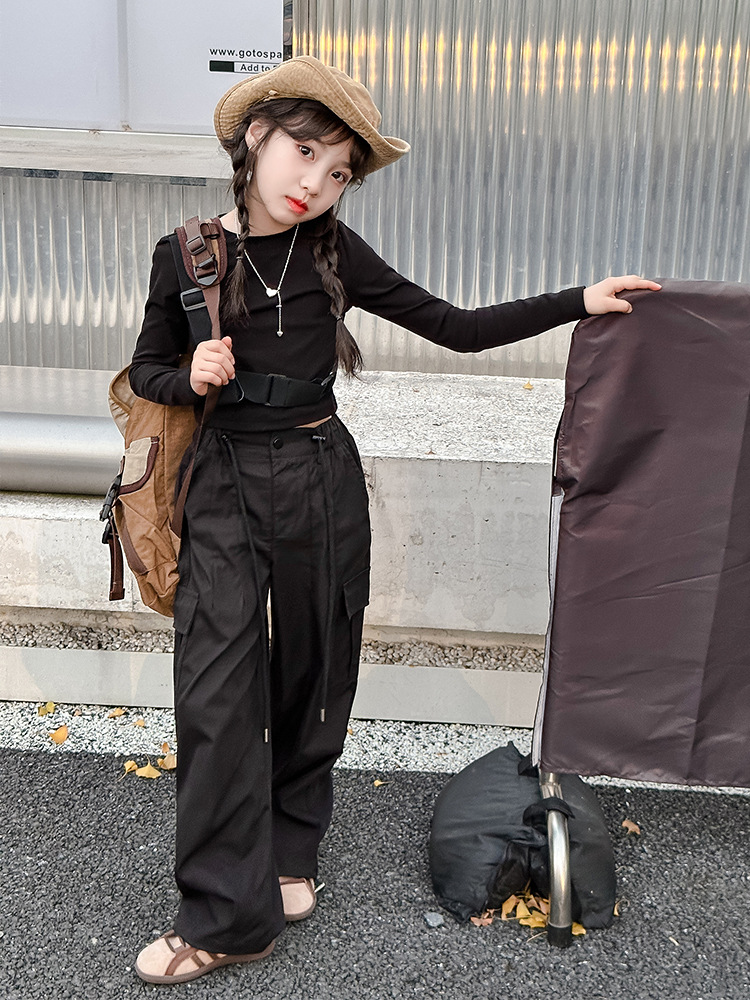 Free Shipping 2025 Spring Girls Parachute Cargo Pants, American Style High-Waisted Wide-Leg Joggers, Loose Casual Trousers for Big Kids & Teens