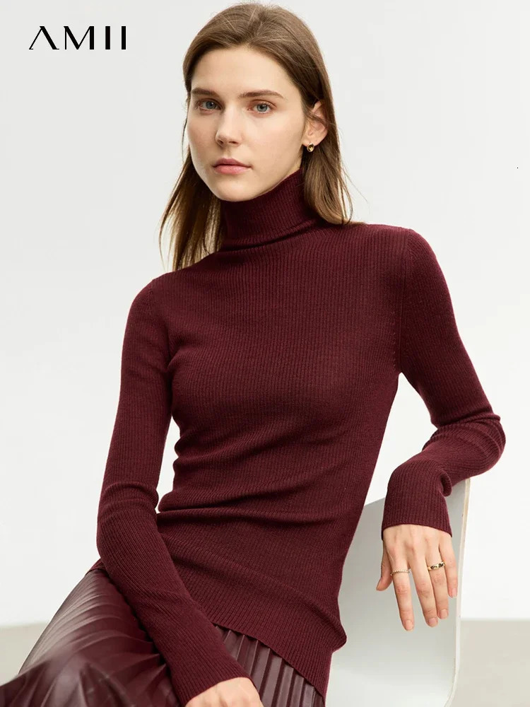 AMII Minimalism Sweater for Women Winter Simple Slim Fit High Elastic Turtleneck Warm Solid Pullovers Female 12323075 251023