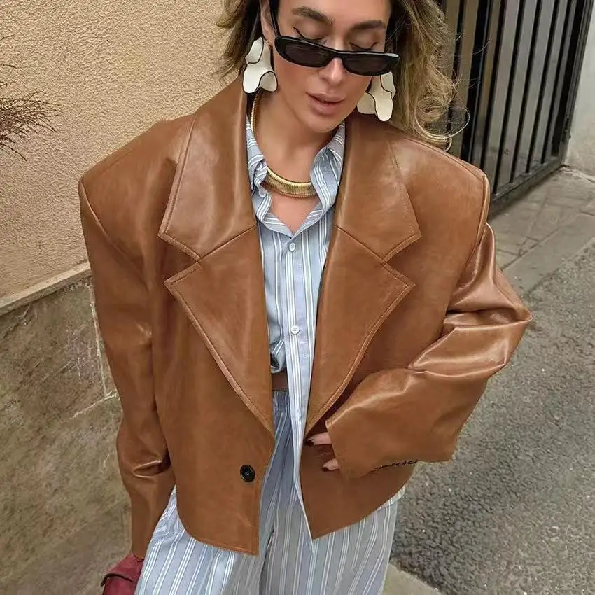 Fashion Pu Leather Women Jacket Long Sleeve Turndown Collar Button Female Coat Autumn Locomotive Lady Urban Streetwear 251020