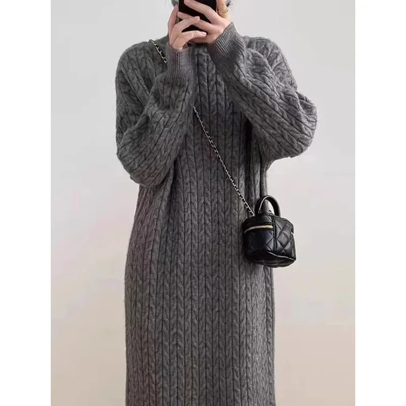 Thick Knitted Long Sleeve Dress Womens Loose Winter Style High Collar Long Dress Pure Color Tassel Sweater Dress 251023