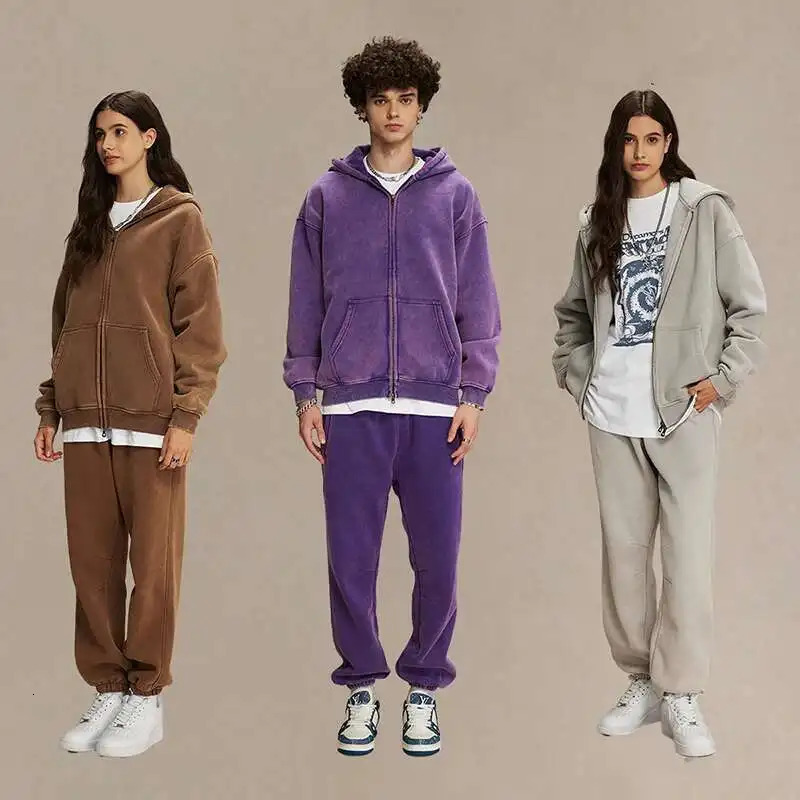 IEFB Mens Wear Wax Printing Vintage Male Hoodies Oversized Loose Zipper Water Washed Plush Sweatshirt Trendy 9C9349 251023