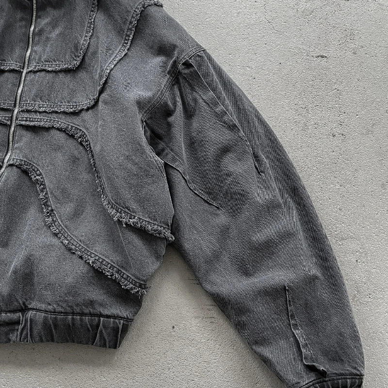 Washed Denim Jacket Y2K American Double Zipper Stitching Flanging n Streetwear Gothic High Street Oversized Unisex Pullover 251017