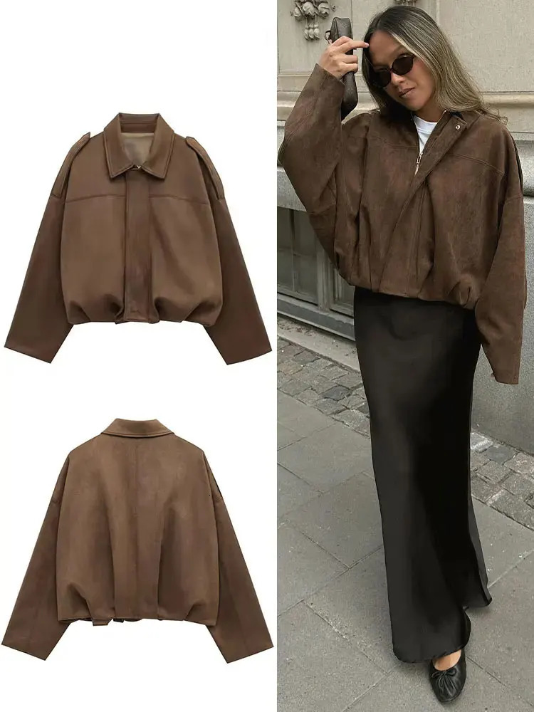 Vintage Womens Suede Bomber Jacket Solid Long Sleeves Lapel Zipper Coats Autumn Chic Streetwear Casual Lady Outwear 251020