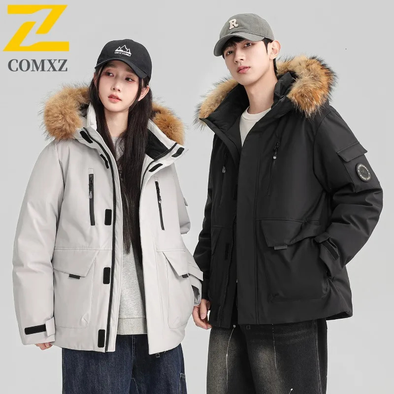 COMXZ Winter Down Jacket Men Women Highquality Warm Fluffy Fur Collar White Duck Down Coat Parkas Korean Hooded Ski Puffer 251020