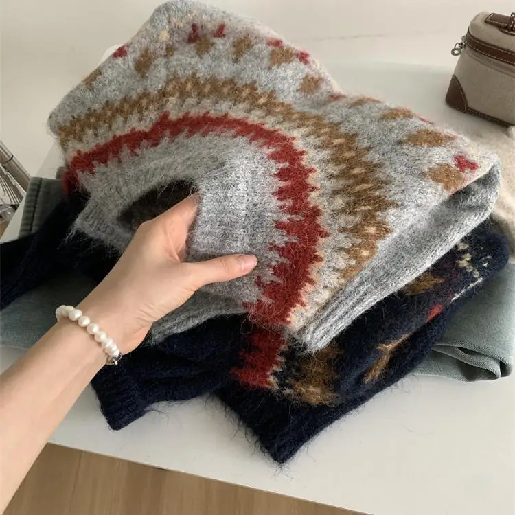 Contrasting Jacquard For Women Loose Casual Thick And Warm 24autumnwinter Wool Knit Sweater 251023