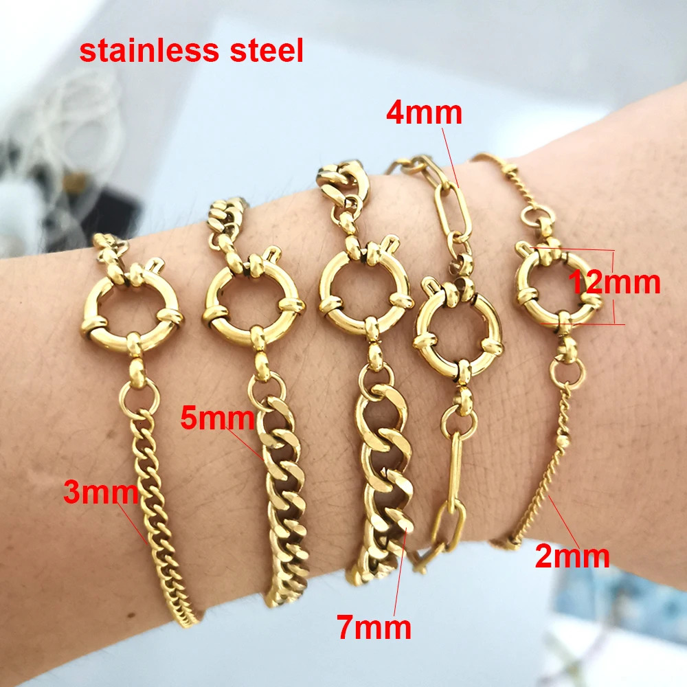 QMHJE Stainless Steel Bracelet Women Men Anchor Clasp Beads Chain Sailor Wheel Geometric Link Basic DIY Gold Silver Color Punk 251023